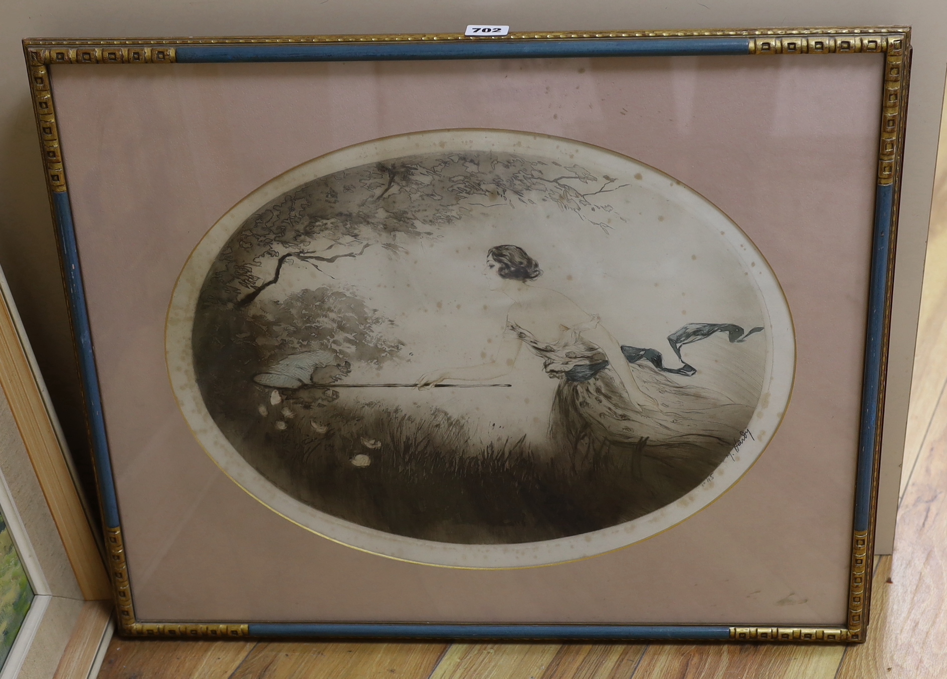 Jean Hardy, drypoint etching, 'The Butterfly Catcher', signed, 34 x 46cm and two watercolour river landscapes by Reginald Davis